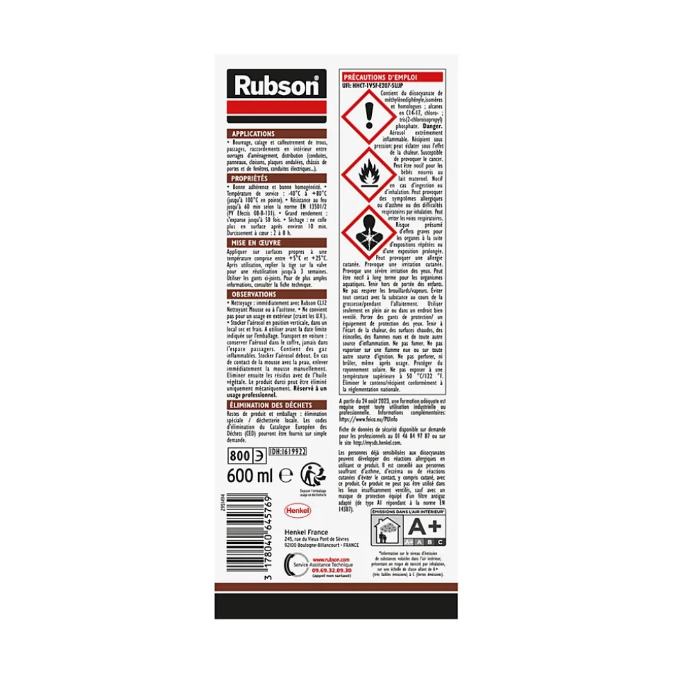 Mousse expansive Rubson CF90 Coupe Feu aérosol 600 ml