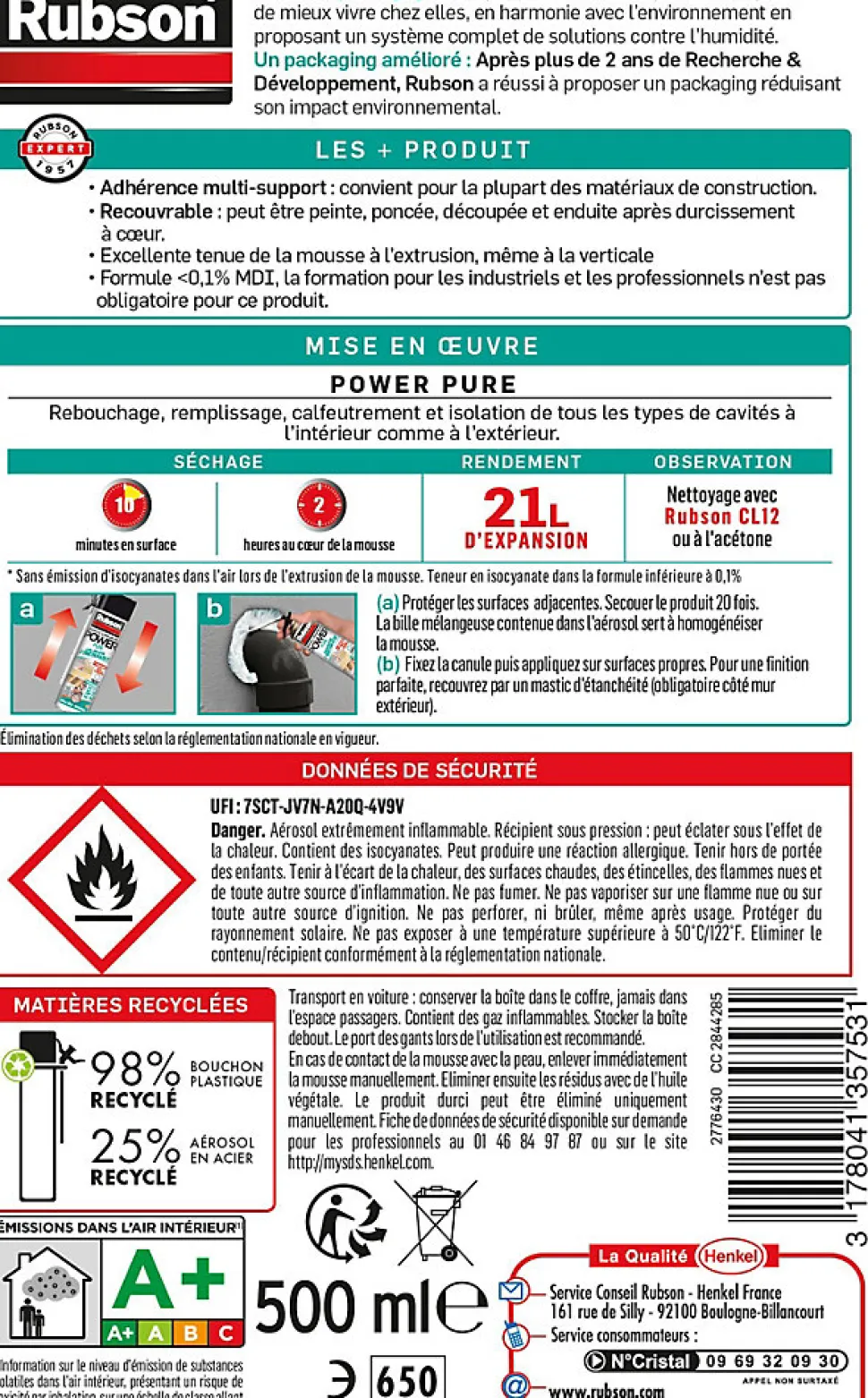 Mousse Expansive Rubson Power Pure Aérosol, 21L