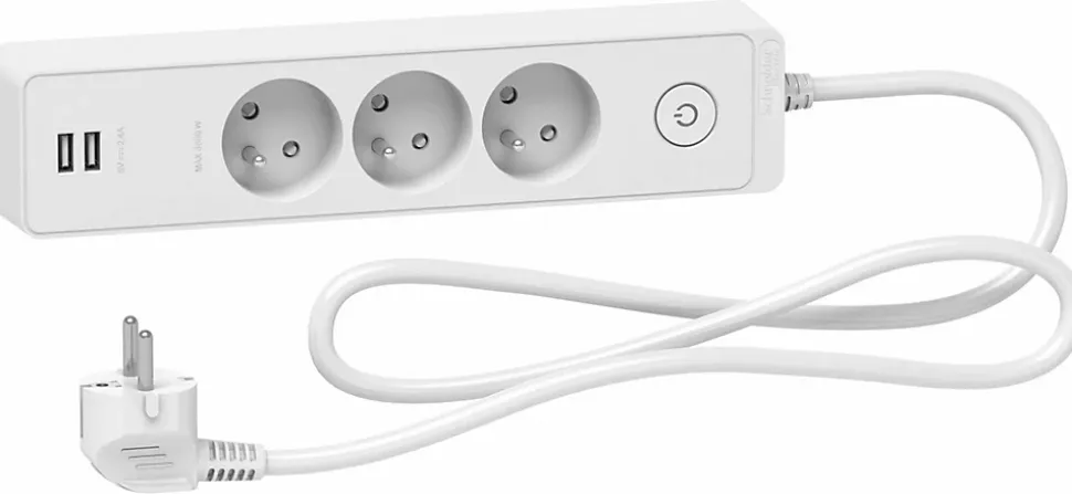 Multiprise 3 prises + 2 usb Schneider Electric Odace blanc 1.5 m