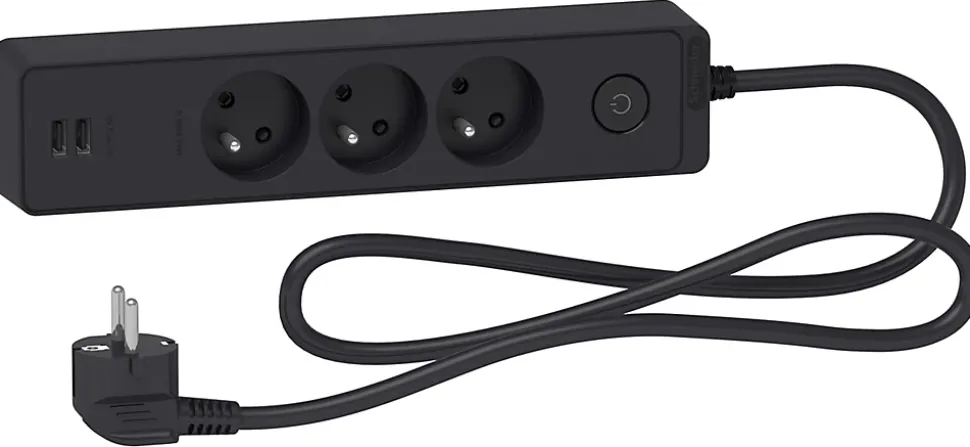 Multiprise 3 prises + 2 usb Schneider Electric Odace anthracite 1.5 m