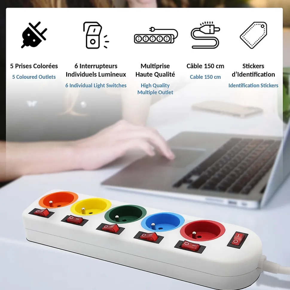 Multiprise 5 Prises FISHTEC Interrupteurs Câble 150 cm Stickers Couleurs