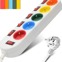Multiprise 5 Prises FISHTEC Interrupteurs Câble 150 cm Stickers Couleurs