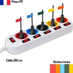 Multiprise 5 Prises FISHTEC Interrupteurs Câble 150 cm Stickers Couleurs