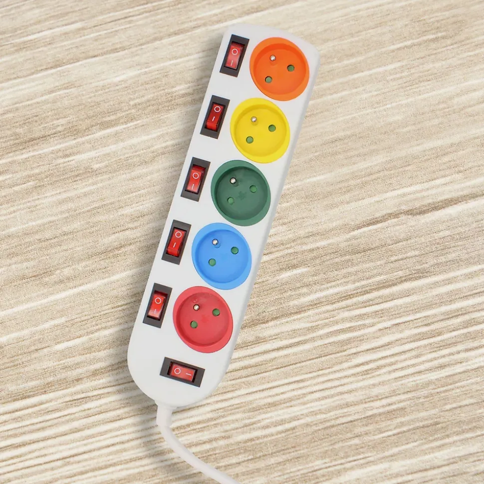 Multiprise 5 Prises FISHTEC Interrupteurs Câble 150 cm Stickers Couleurs