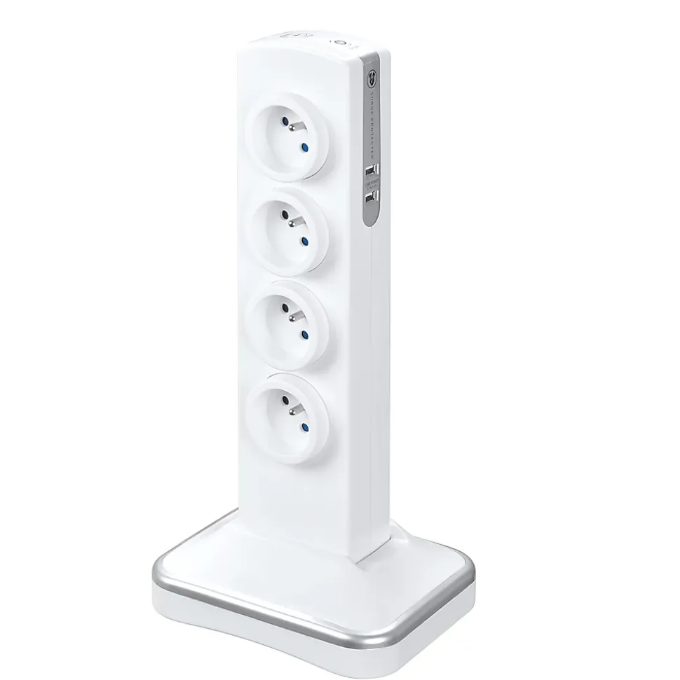 Multiprise 8 prises parafoudre sur socle USB 2m blanc
