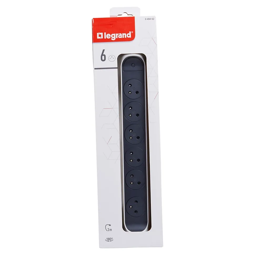 Multiprise 6 prises rotative à fixer Legrand blanc et gris 3 m