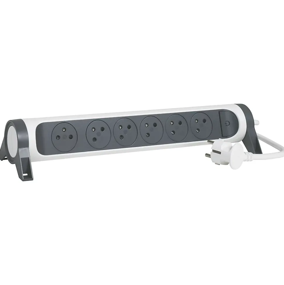 Multiprise avec interrupteur 6 prises rotative à fixer Legrand blanc et gris 1.5 m
