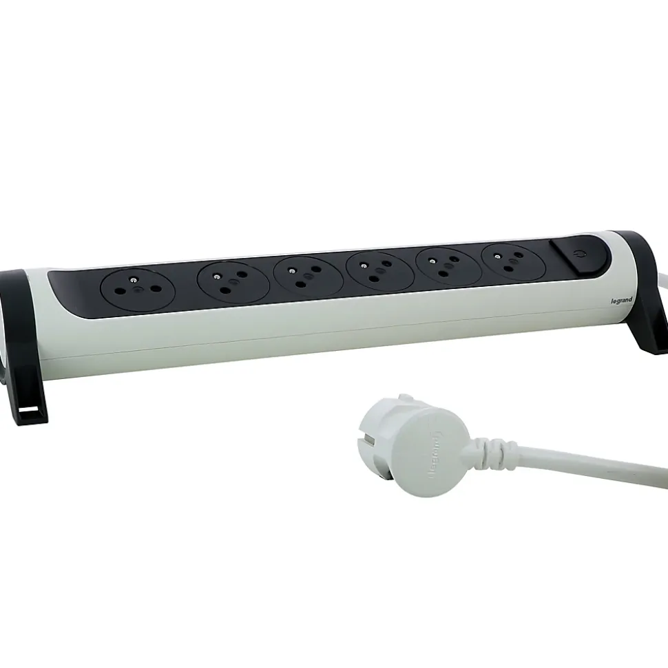Multiprise avec interrupteur 6 prises rotative à fixer Legrand blanc et gris 1.5 m