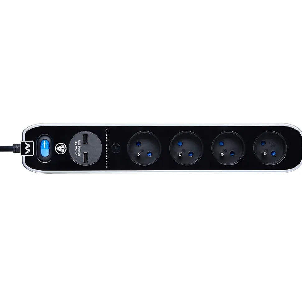 Multiprise parafoudre avec interrupteur 4 prises noir USB 2 m