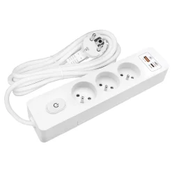 Multiprise SELDUR G3FH12B, 3 prises type E + interrupteur, USB A+C charge rapide 20W, Blanc, câble 1.5m