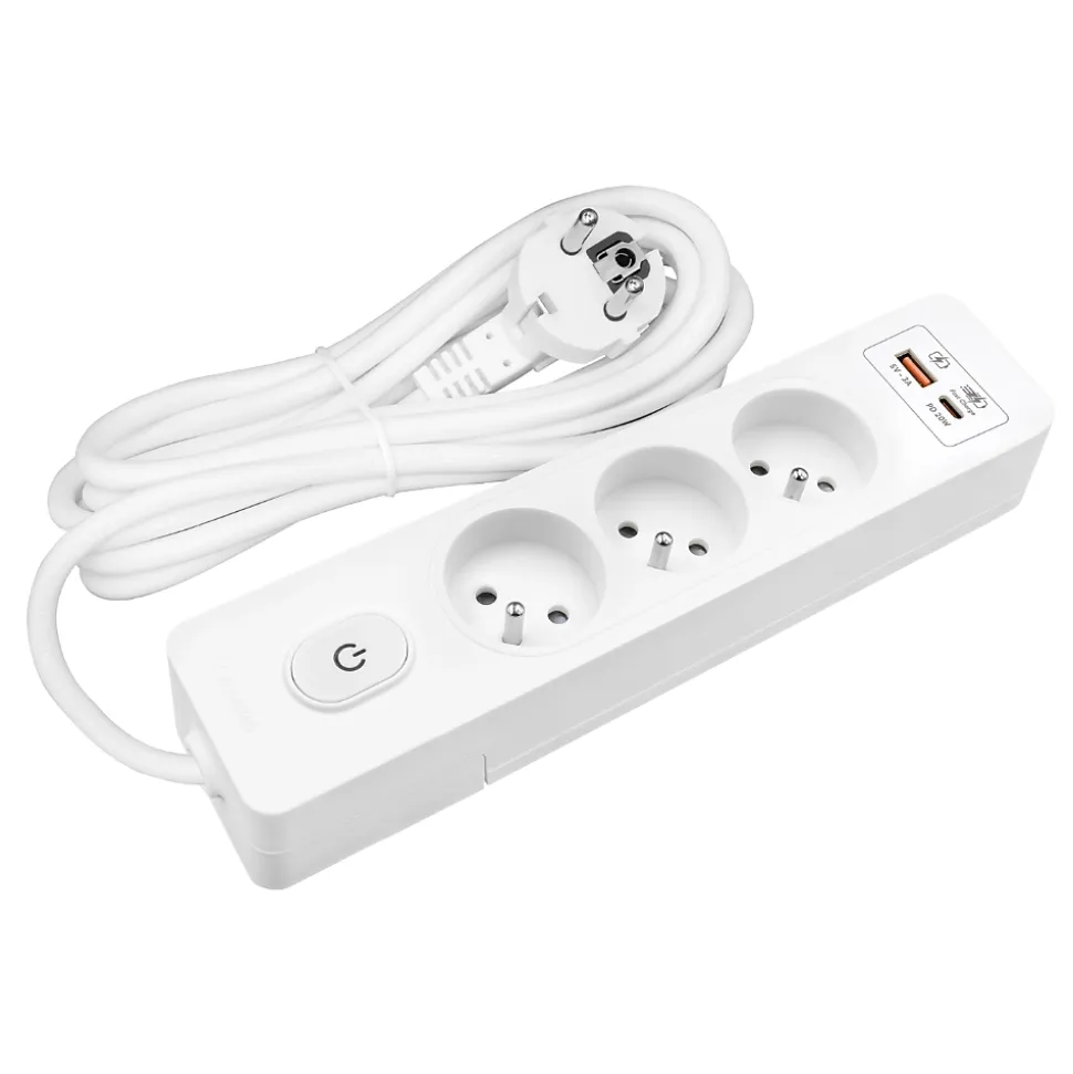 Multiprise SELDUR G3FH12B, 3 prises type E + interrupteur, USB A+C charge rapide 20W, Blanc, câble 1.5m