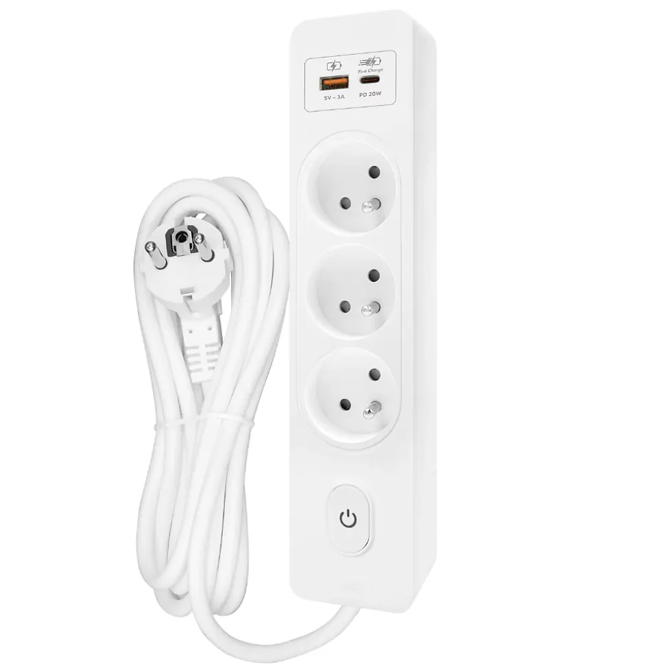 Multiprise SELDUR G3FH12B, 3 prises type E + interrupteur, USB A+C charge rapide 20W, Blanc, câble 1.5m