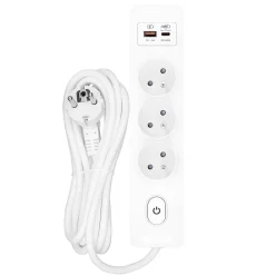 Multiprise SELDUR G3FH12B, 3 prises type E + interrupteur, USB A+C charge rapide 20W, Blanc, câble 1.5m