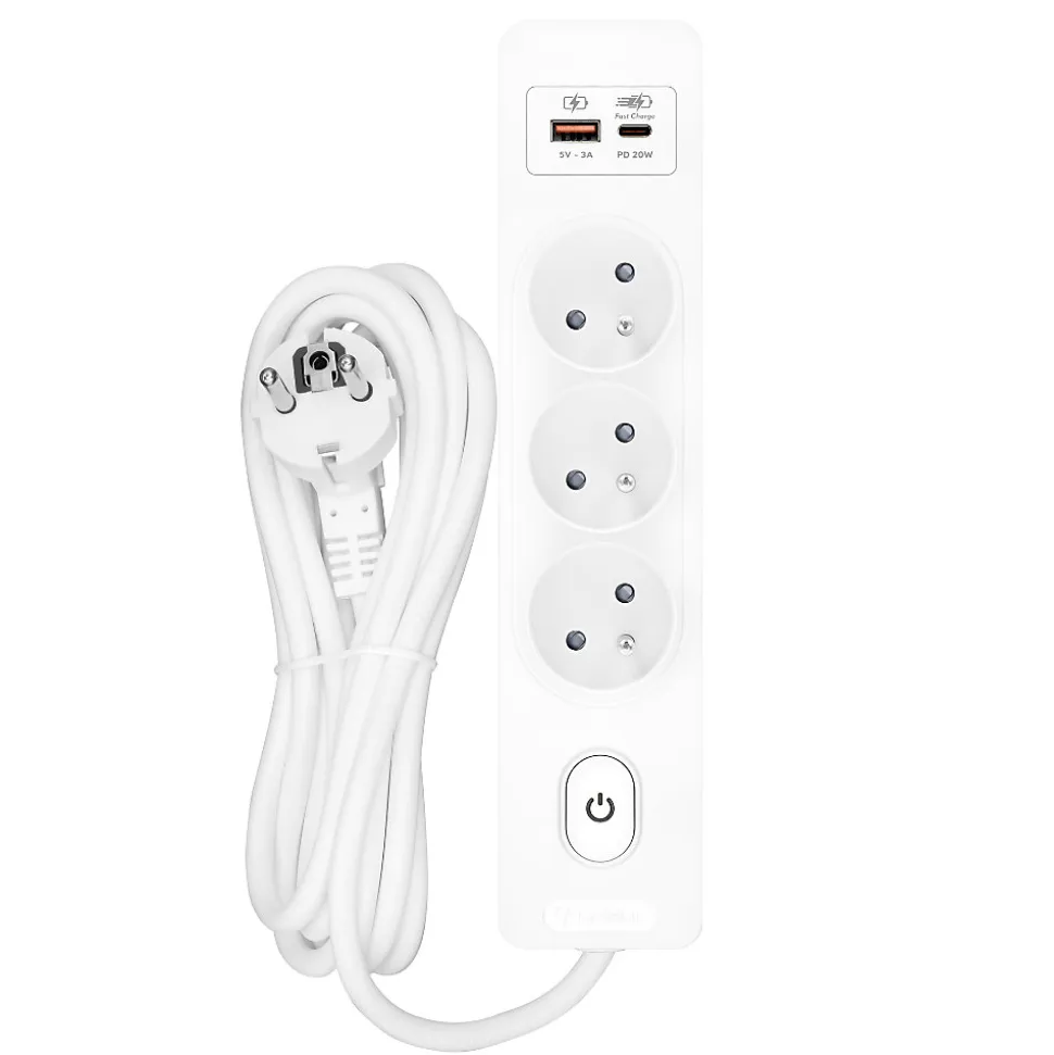 Multiprise SELDUR G3FH12B, 3 prises type E + interrupteur, USB A+C charge rapide 20W, Blanc, câble 1.5m