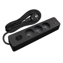 Multiprise SELDUR G3FH32S, 3 prises type E + interrupteur, USB A+C charge rapide 20W, Noir, câble 3m
