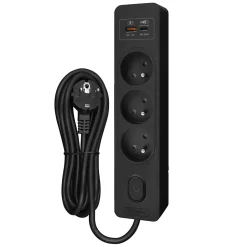 Multiprise SELDUR G3FH32S, 3 prises type E + interrupteur, USB A+C charge rapide 20W, Noir, câble 3m