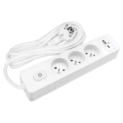 Multiprise SELDUR G3FU22B, 3 prises type E + interrupteur, USB A+C charge standard 12W, Blanc, câble 2m
