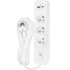 Multiprise SELDUR G3FU22B, 3 prises type E + interrupteur, USB A+C charge standard 12W, Blanc, câble 2m