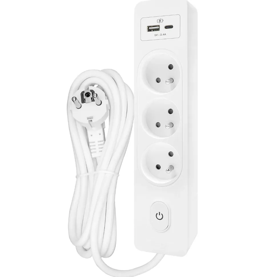 Multiprise SELDUR G3FU52B, 3 prises type E + interrupteur, USB A+C charge standard 12W, Blanc, câble 5m
