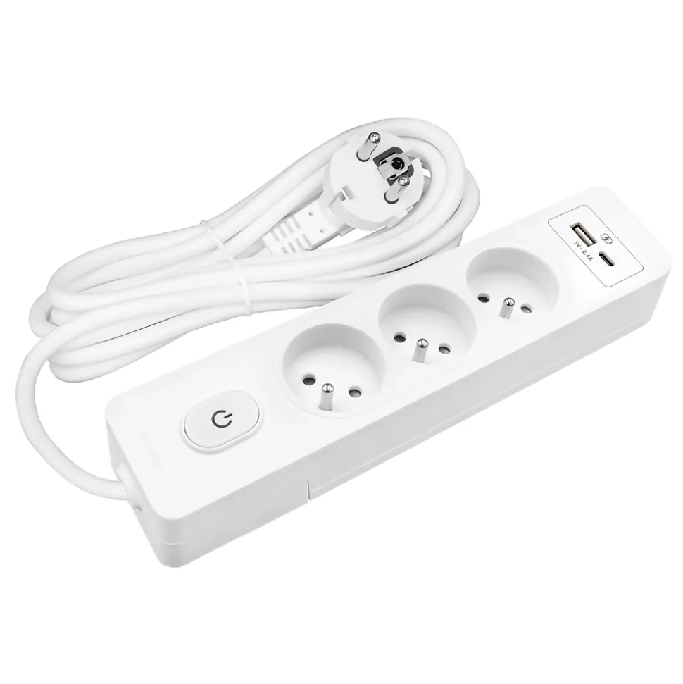 Multiprise SELDUR G3FU52B, 3 prises type E + interrupteur, USB A+C charge standard 12W, Blanc, câble 5m
