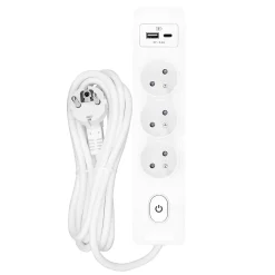 Multiprise SELDUR G3FU52B, 3 prises type E + interrupteur, USB A+C charge standard 12W, Blanc, câble 5m