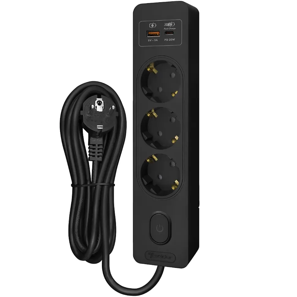 Multiprise SELDUR G3TH12S, 3 prises type F + interrupteur, USB A+C charge rapide 20W, Noir, câble 1.5m