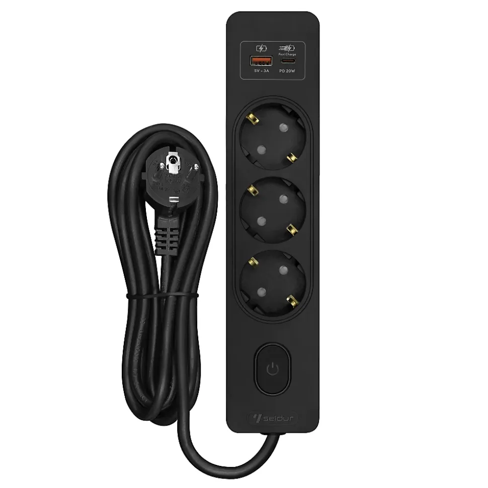 Multiprise SELDUR G3TH12S, 3 prises type F + interrupteur, USB A+C charge rapide 20W, Noir, câble 1.5m
