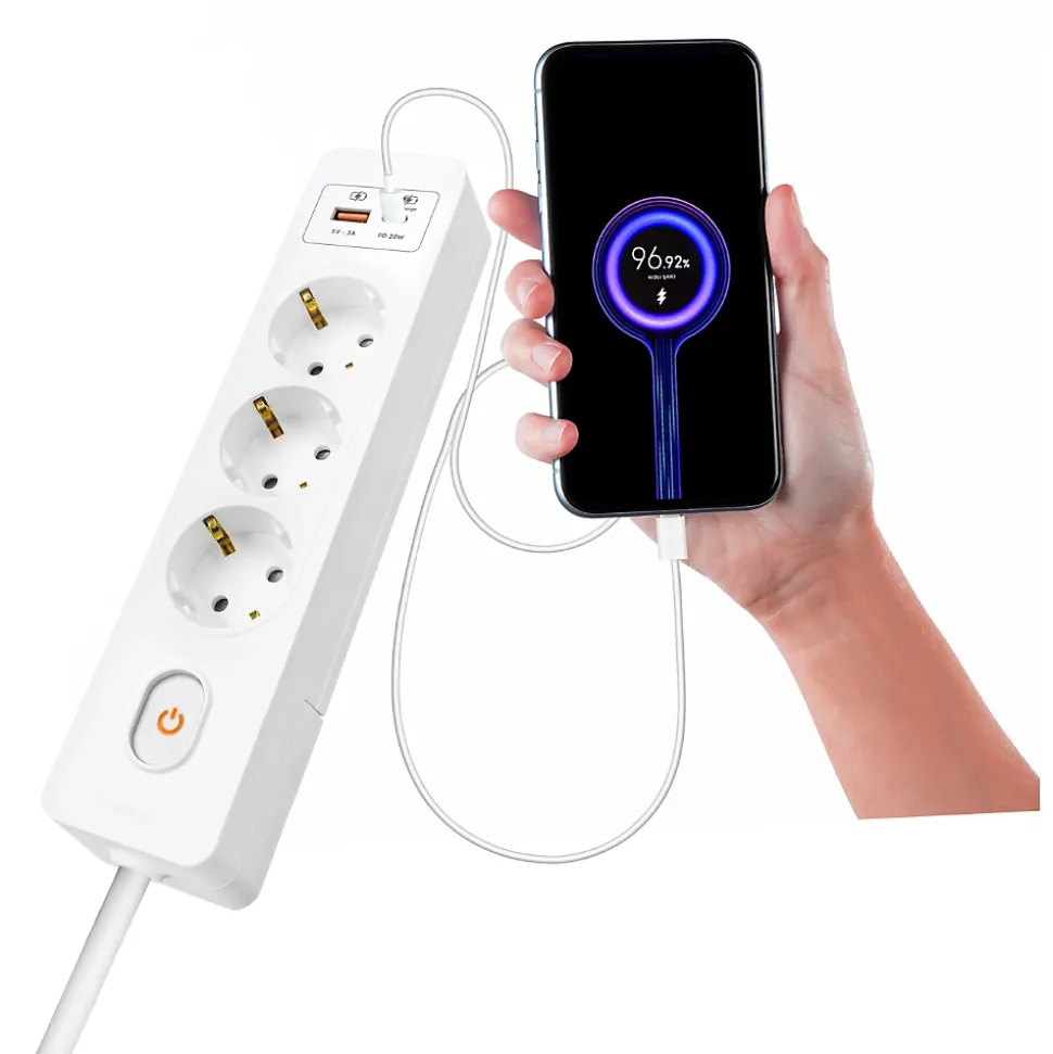 Multiprise SELDUR G3TH12S, 3 prises type F + interrupteur, USB A+C charge rapide 20W, Noir, câble 1.5m