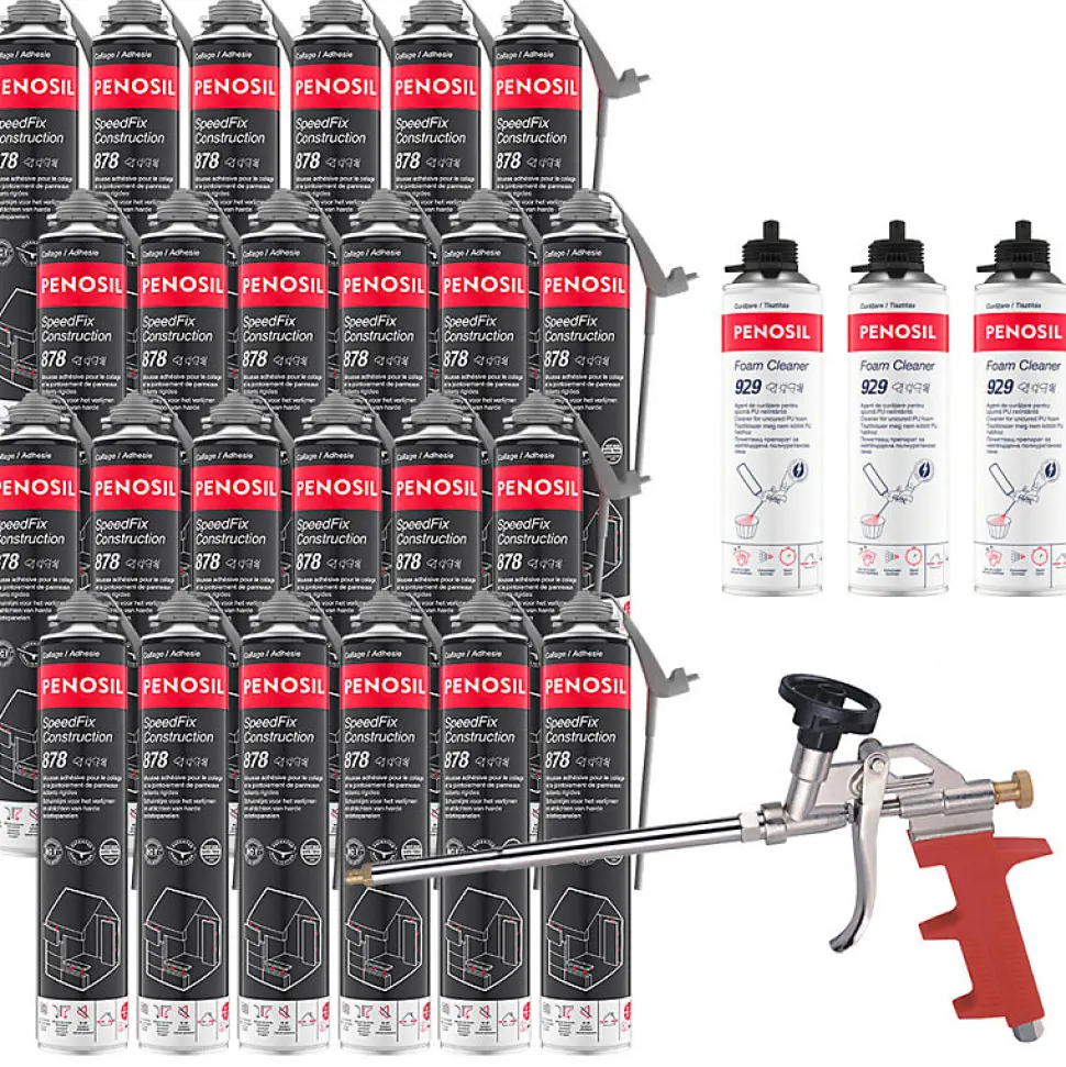 Pack 24 Mousses colle univ SpeedFix Construction 878 pistolable 690ml PENOSIL + 3 Nettoyants FoamCleaner 929 500ml + Pistolet