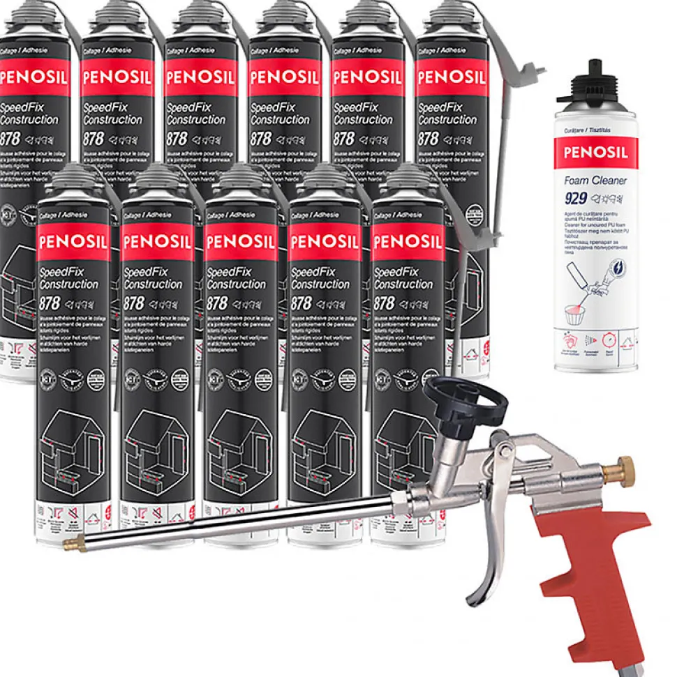 Pack 11 Mousses colle universelle SpeedFix Construction 878 pistolable 690ml PENOSIL + Nettoyant FoamCleaner929 500ml + Pistolet