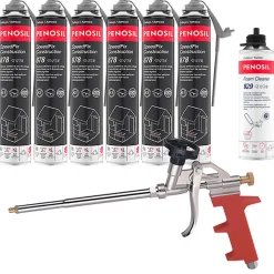 Pack 6 Mousses colle universelle SpeedFix Construction 878 pistolable 690ml PENOSIL + Nettoyant FoamCleaner929 500ml + Pistolet