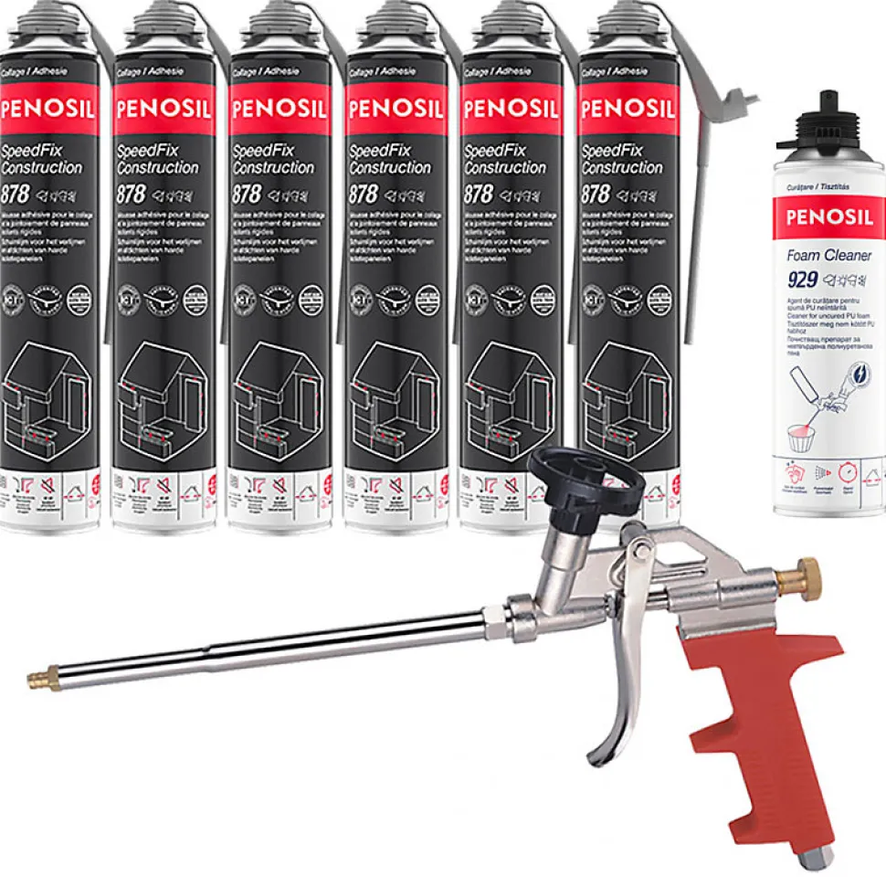 Pack 6 Mousses colle universelle SpeedFix Construction 878 pistolable 690ml PENOSIL + Nettoyant FoamCleaner929 500ml + Pistolet