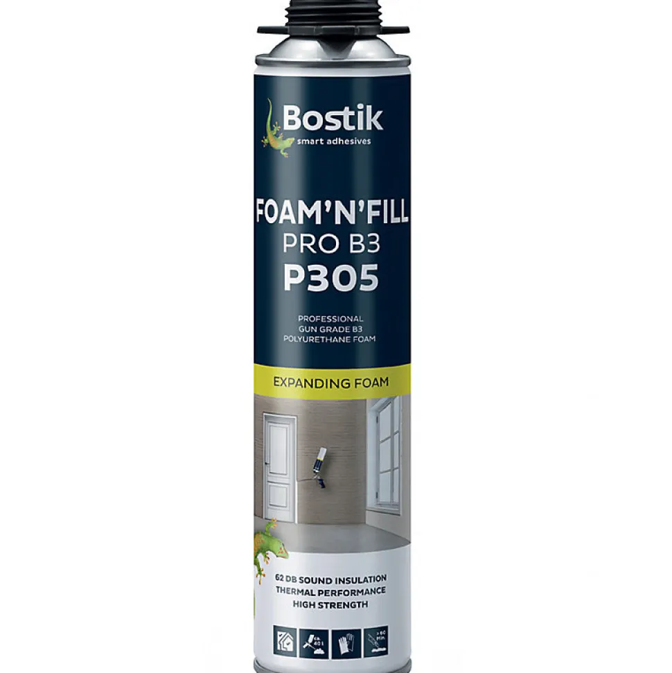 Pack 6 Mousses expansives PU pistolable P305 Foam'n'Fill 750ml BOSTIK + Nettoyant FoamCleaner 929 500ml + Pistolet manuel