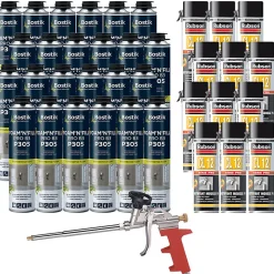 Pack 24 Mousses expansives PU pistolable P305 Foam'n'Fill 750ml BOSTIK + 12 Nettoyants mousse PU CL12 500ml + Pistolet manuel