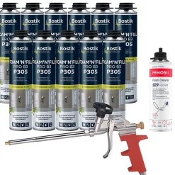 Pack 11 Mousses expansives PU pistolable P305 Foam'n'Fill 750ml BOSTIK + Nettoyant FoamCleaner 929 500ml + Pistolet manuel