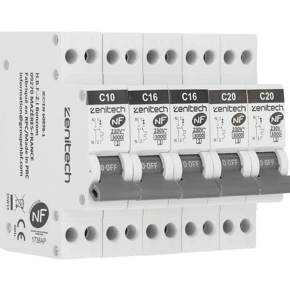 Pack de 5 disjoncteurs 1x10A + 2x16A + 2x20A - Zenitech