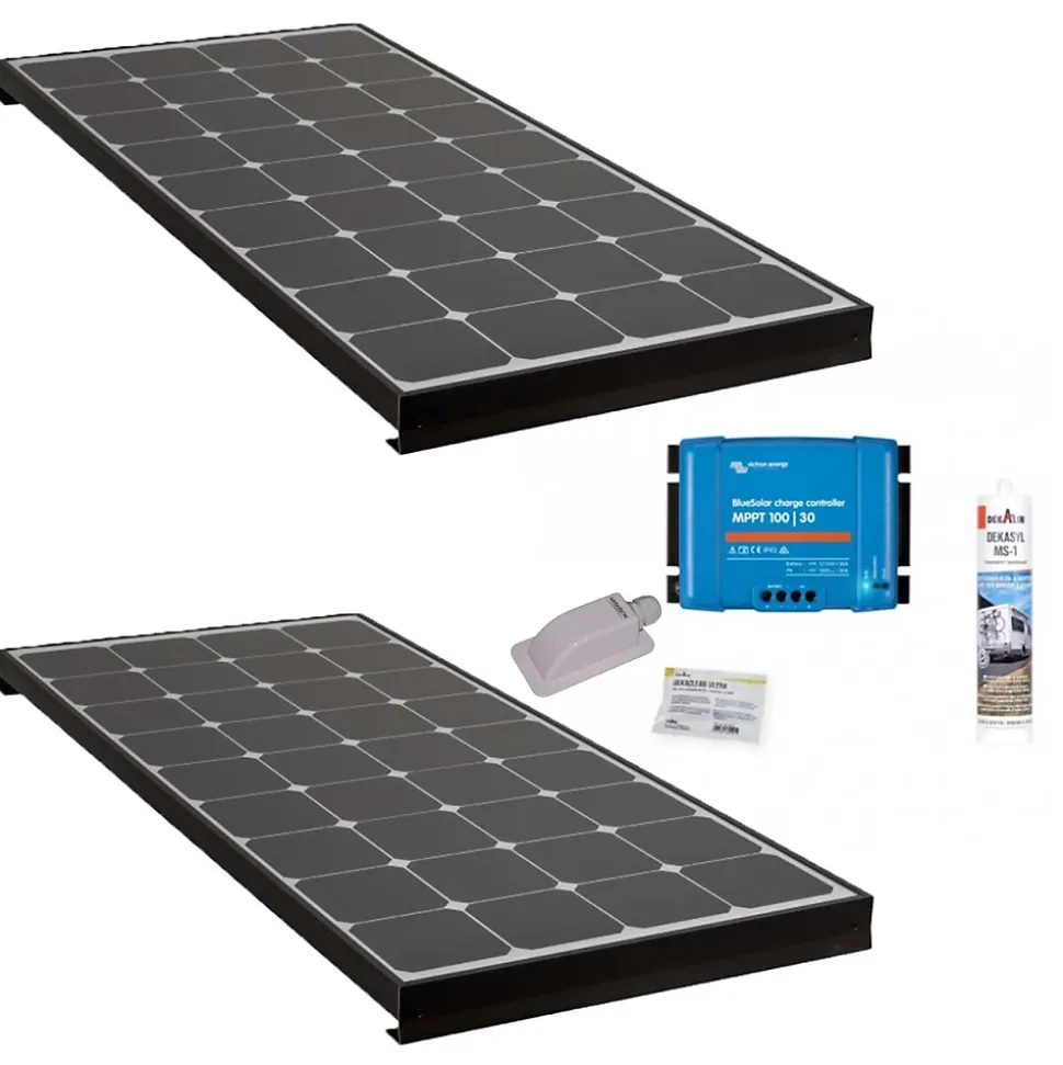 PACK 2x BLACK BOOSTER 170W Seul Panneau solaire Camping Car + Kit de pose solaire avec Régulateur de Charge ANTARION
