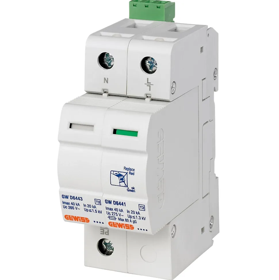 Parafoudre monophasé + neutre 40 kA avec contact aux. de fin de vie - Type 2 - 2 modules - GEWISS - GWD6418