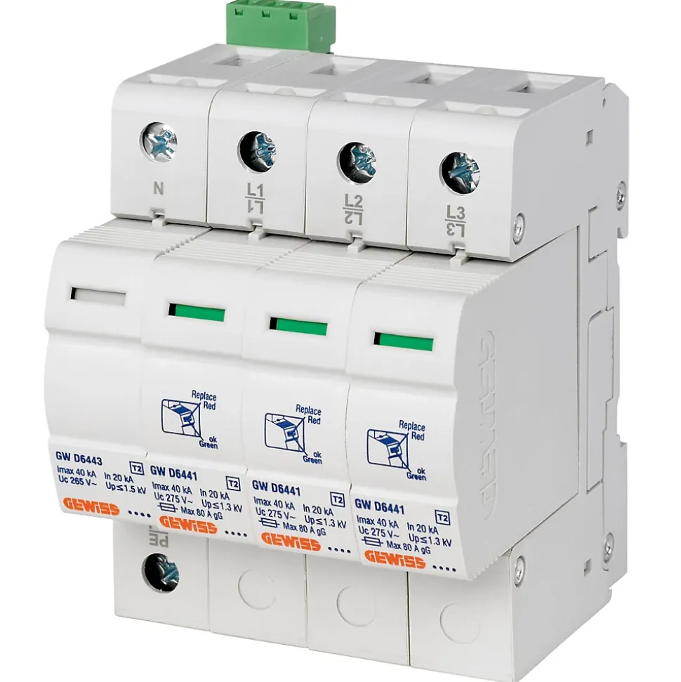 Parafoudre triphasé + neutre 40 kA avec contact aux. de fin de vie - Type 2 - 4 modules - GEWISS - GWD6420