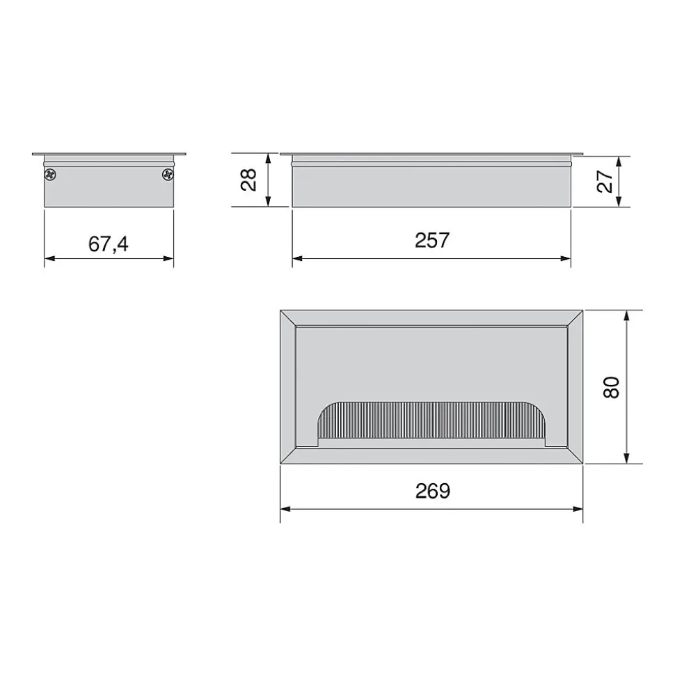 Passe-câbles de table Emuca Quadrum, rectangulaire, 269x80mm, à encastrer, Aluminium, Peint en noir
