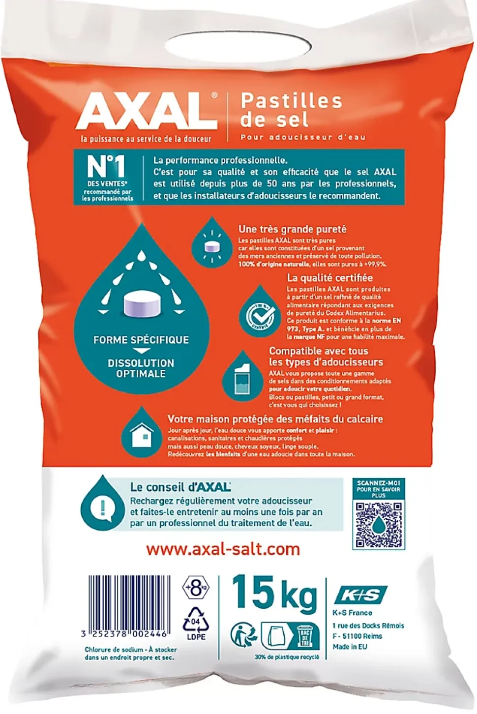 Pastilles de sel pour adoucisseur d'eau 15kg AXAL