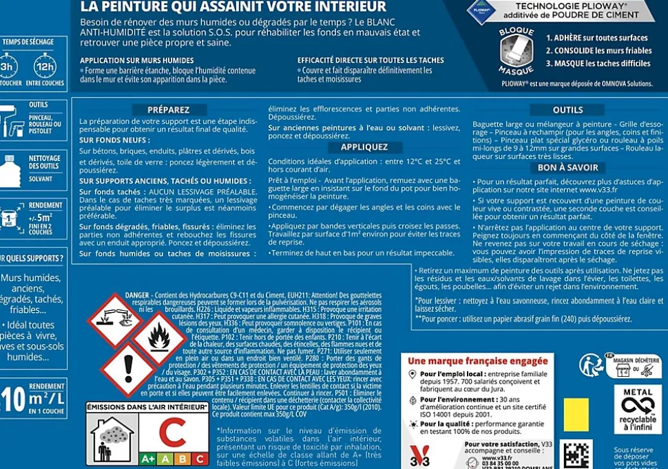 Peinture anti-humidité assainissante intérieur blanc mat V33 2.5 L