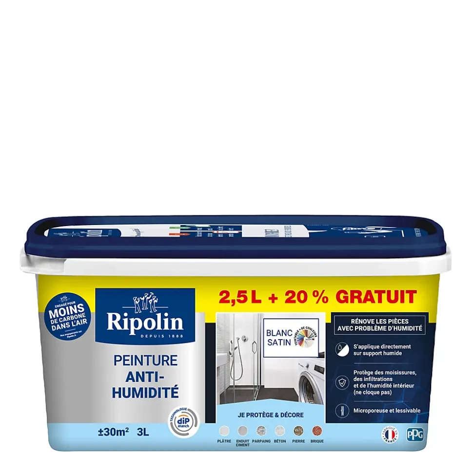 Peinture anti-humidité blanc satin Ripolin 2,5L + 20% gratuit