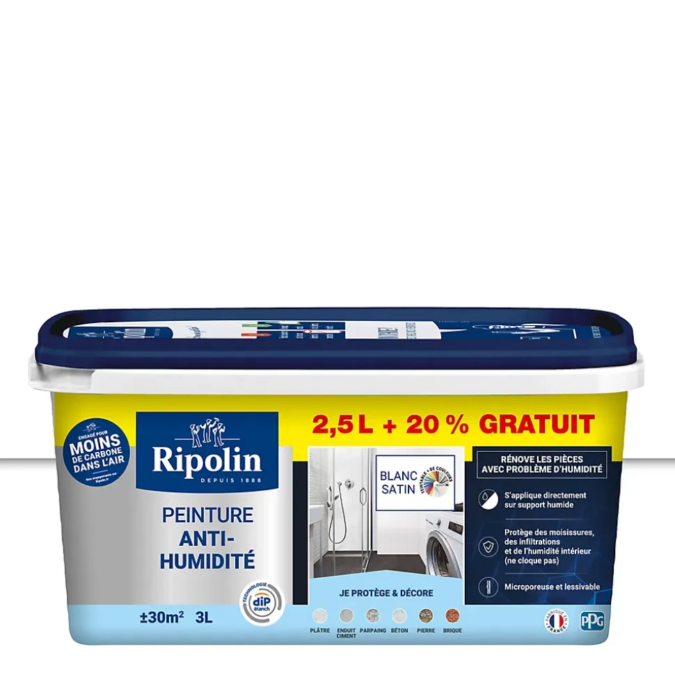 Peinture anti-humidité blanc satin Ripolin 2,5L + 20% gratuit