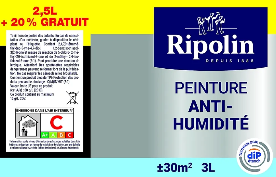 Peinture anti-humidité blanc satin Ripolin 2,5L + 20% gratuit
