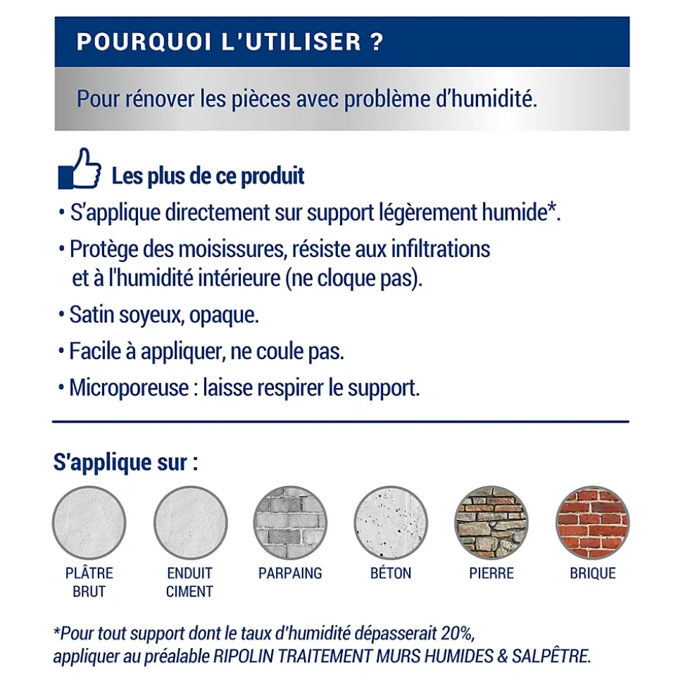 Peinture anti-humidité intérieur satin blanc Ripolin 10L