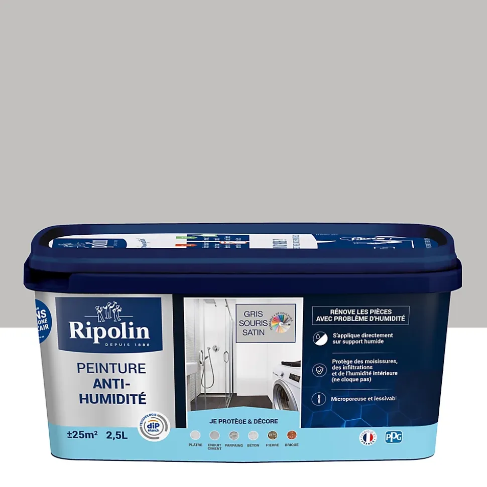 Peinture anti-humidité intérieur satin gris souris Ripolin 2,5L