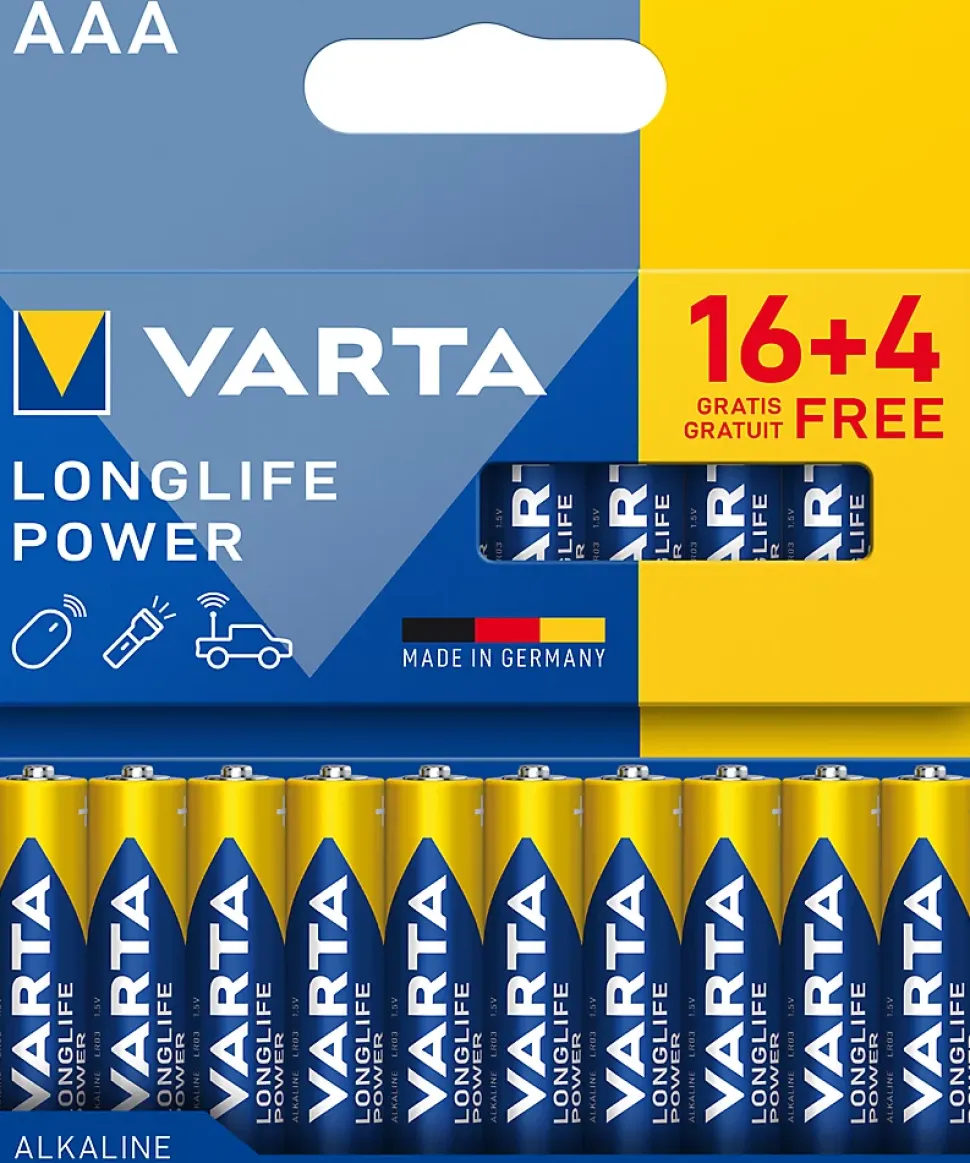 Pile alcaline AAA LR3 Varta Longlife Power, lot de 20