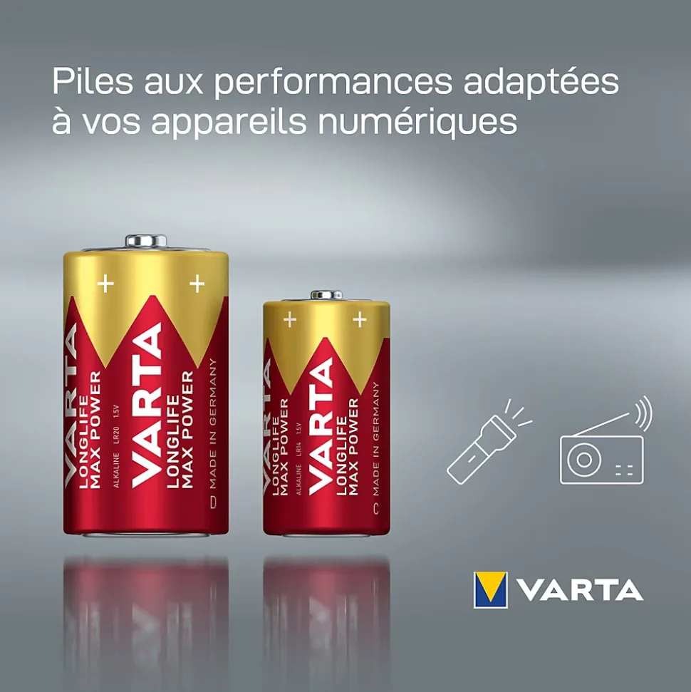 Pile alcaline D (LR20) Varta Long-life Max Power D, lot de 2