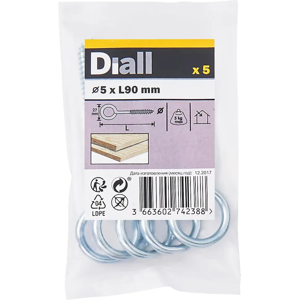 Piton à vis longs en acier zingué 90x32 mm - 5 pièces